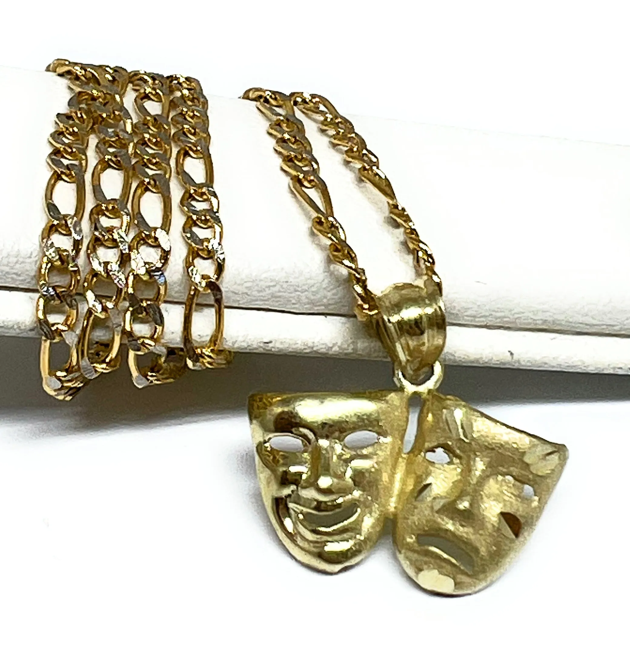 10k Solid Gold Classic Drama Faces (SMILE NOW CRY LATER) Pendant Necklace with Figaro Chain