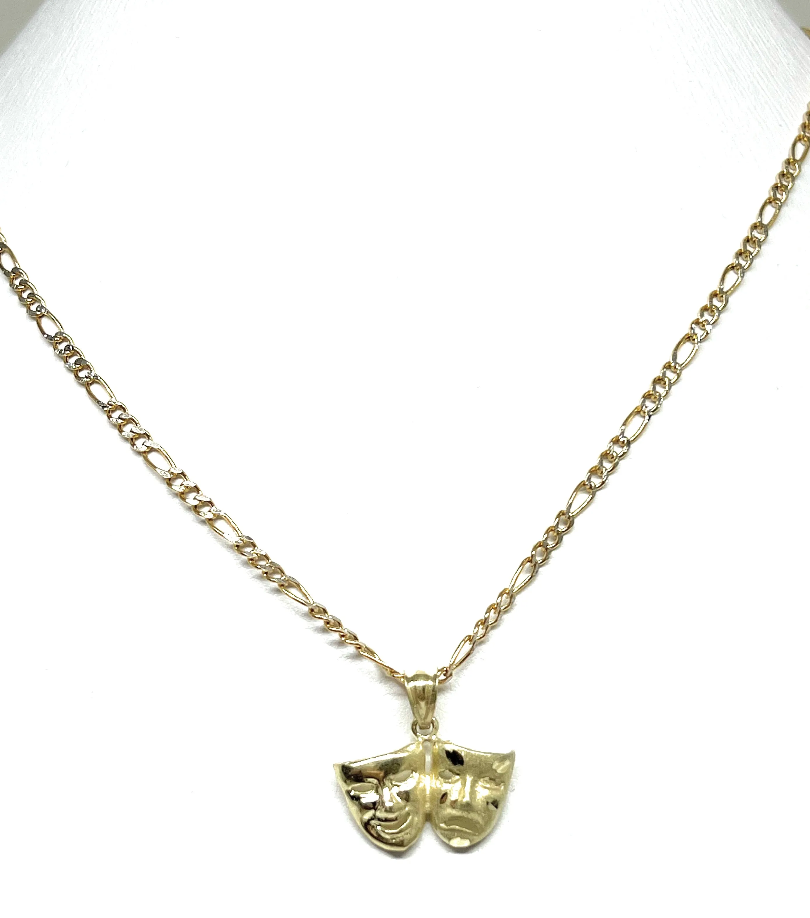 10k Solid Gold Classic Drama Faces (SMILE NOW CRY LATER) Pendant Necklace with Figaro Chain