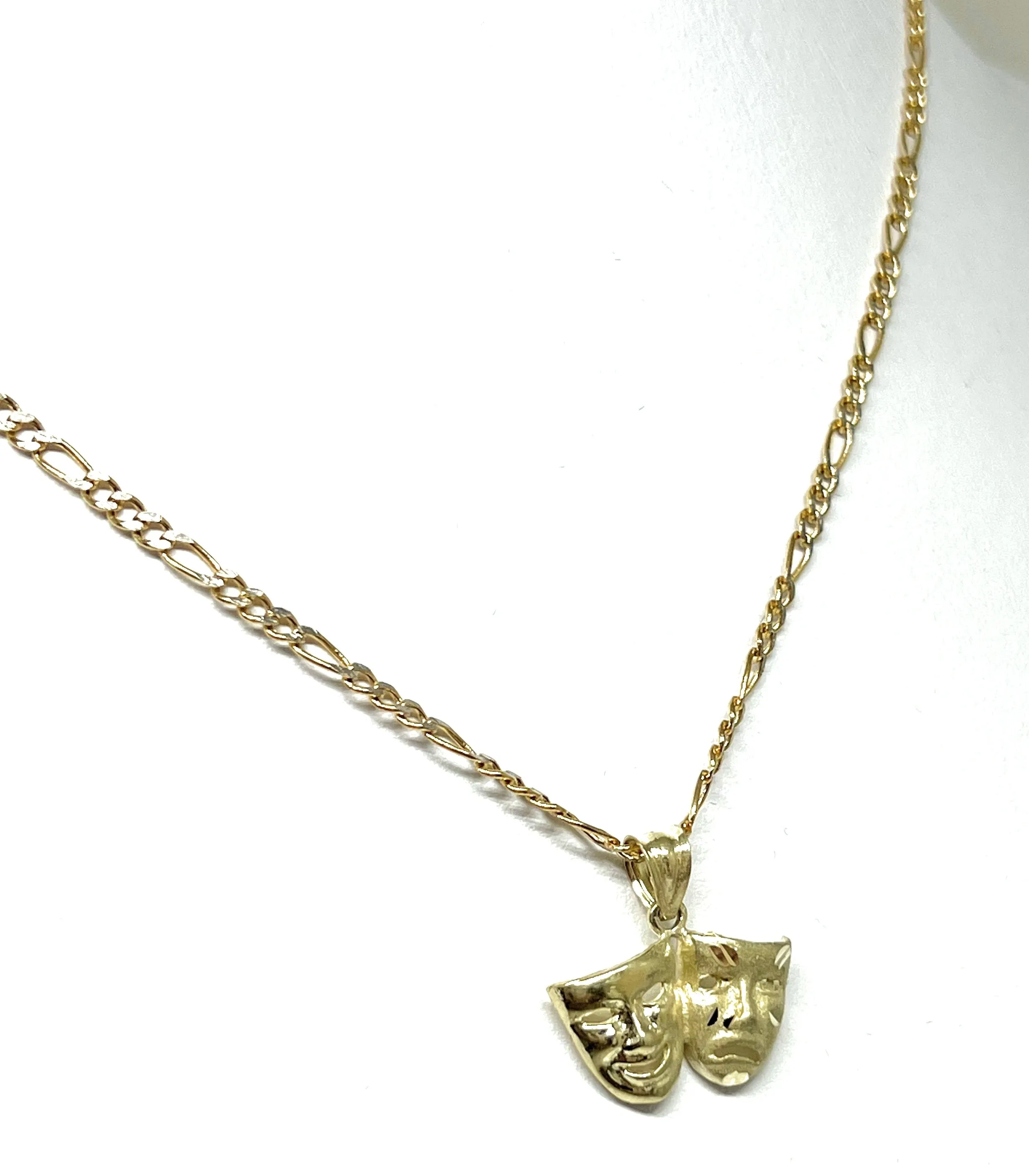 10k Solid Gold Classic Drama Faces (SMILE NOW CRY LATER) Pendant Necklace with Figaro Chain