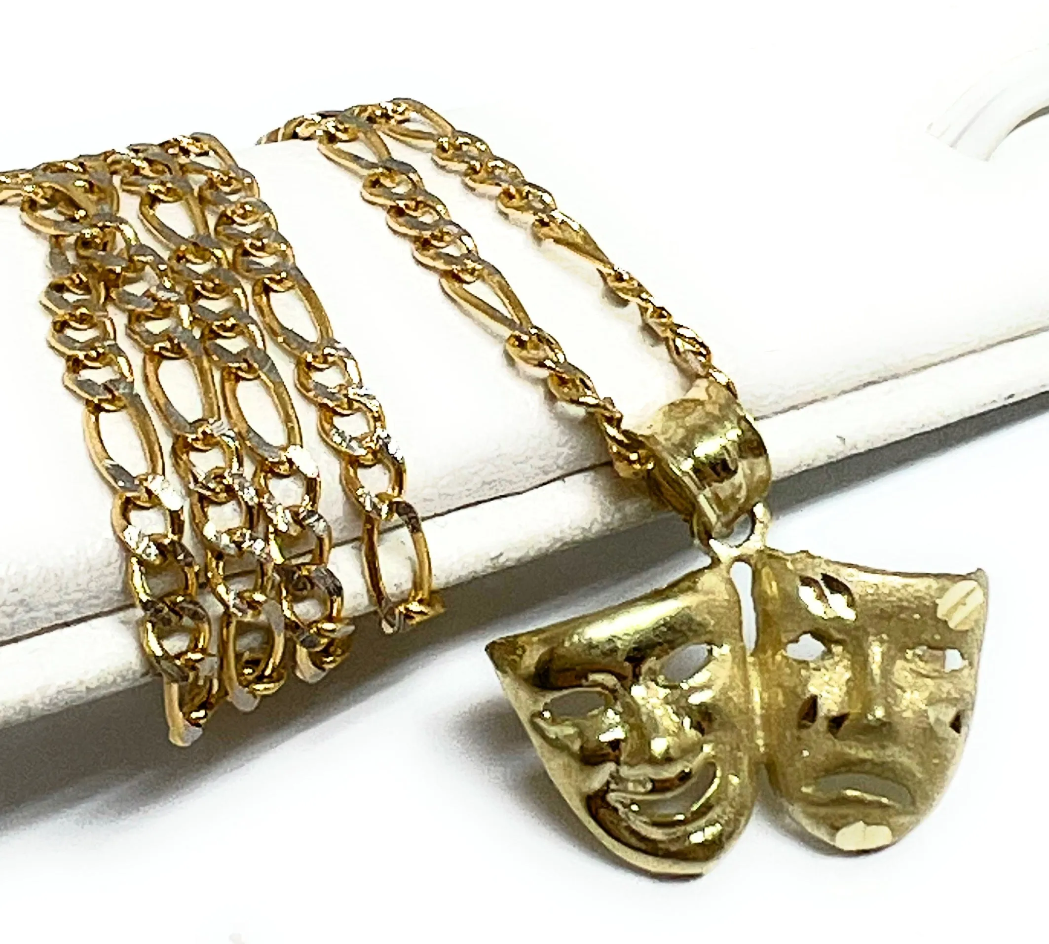 10k Solid Gold Classic Drama Faces (SMILE NOW CRY LATER) Pendant Necklace with Figaro Chain