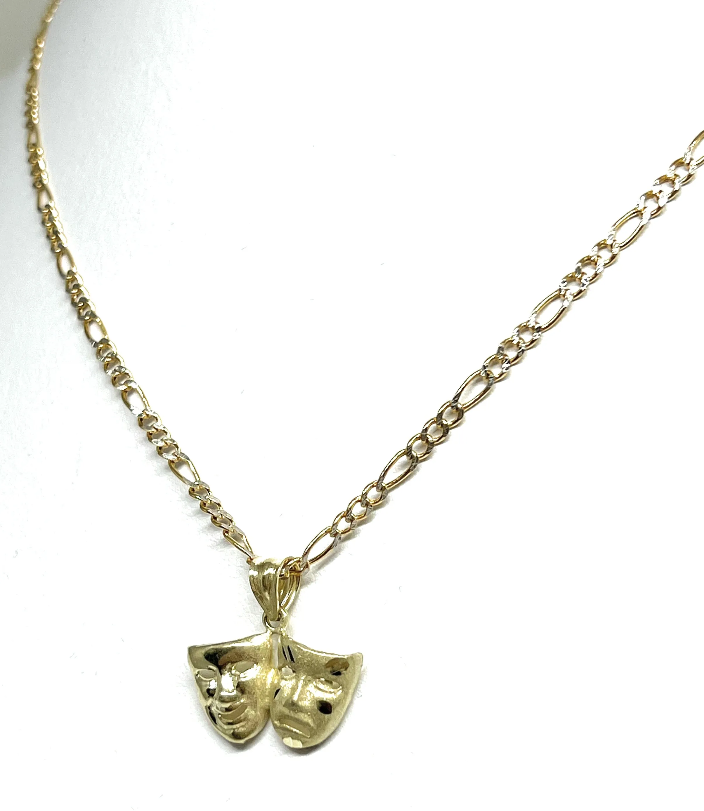 10k Solid Gold Classic Drama Faces (SMILE NOW CRY LATER) Pendant Necklace with Figaro Chain