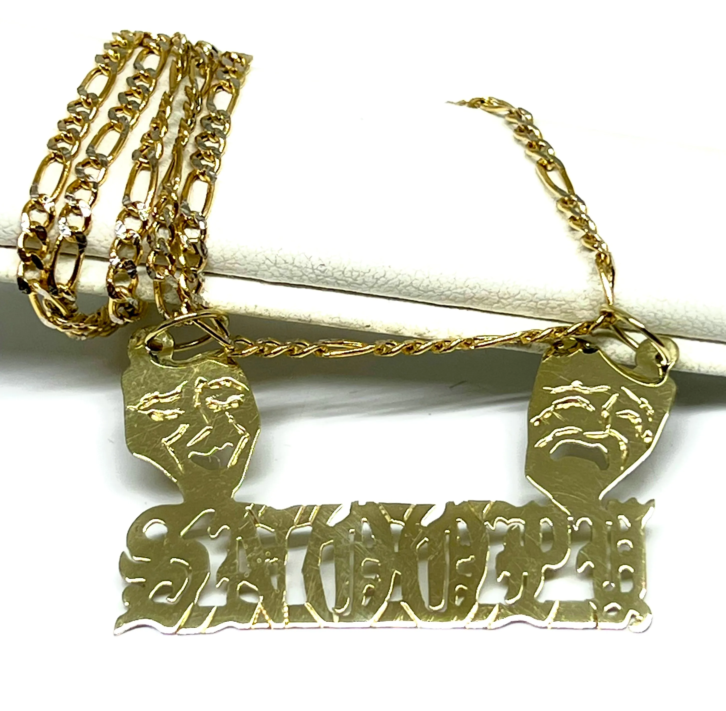 10k Solid Gold Custom SMILE NOW, CRY LATER DRAMA FACE OLD ENGLISH Nameplate Pendant Necklace