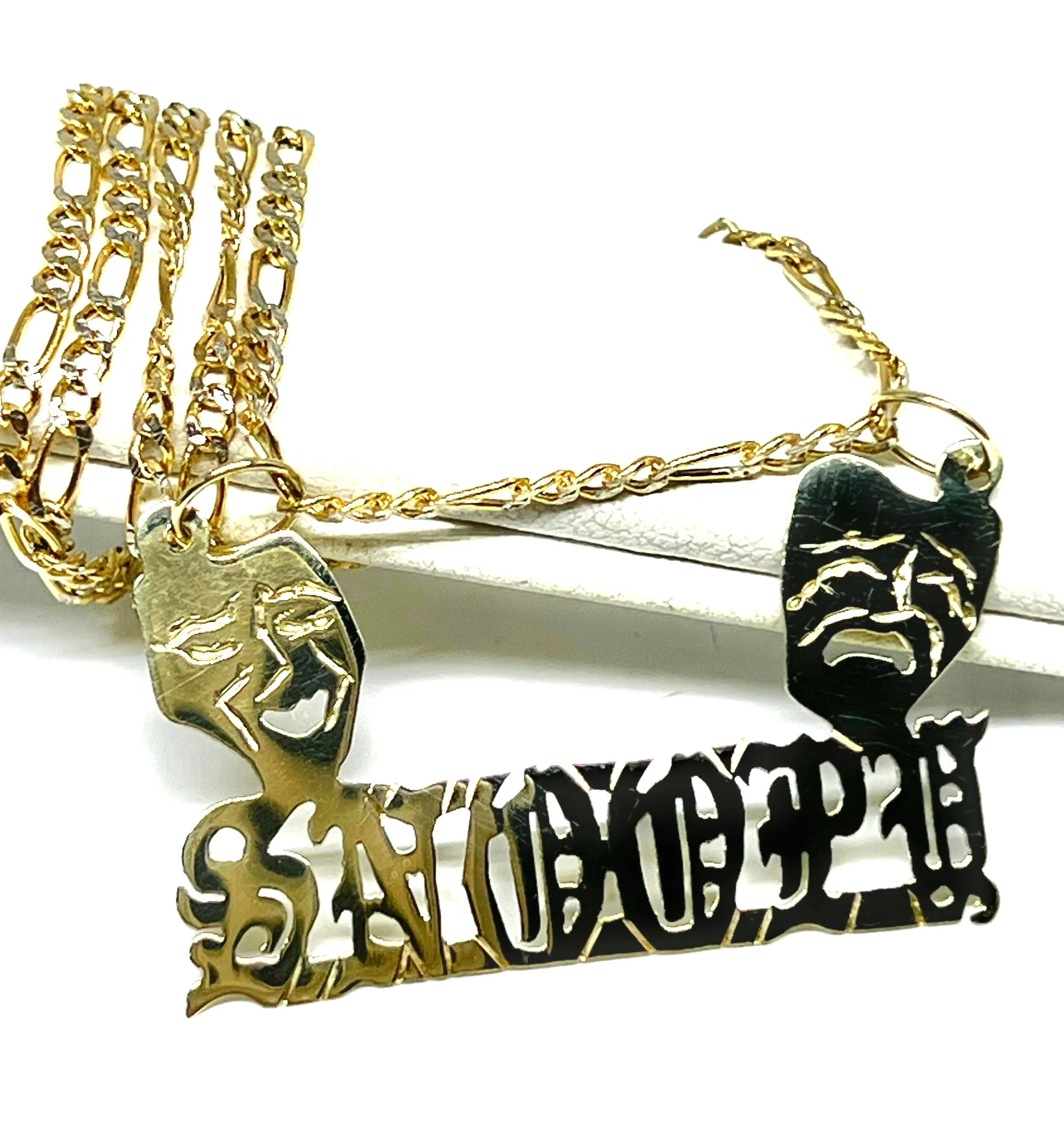 10k Solid Gold Custom SMILE NOW, CRY LATER DRAMA FACE OLD ENGLISH Nameplate Pendant Necklace