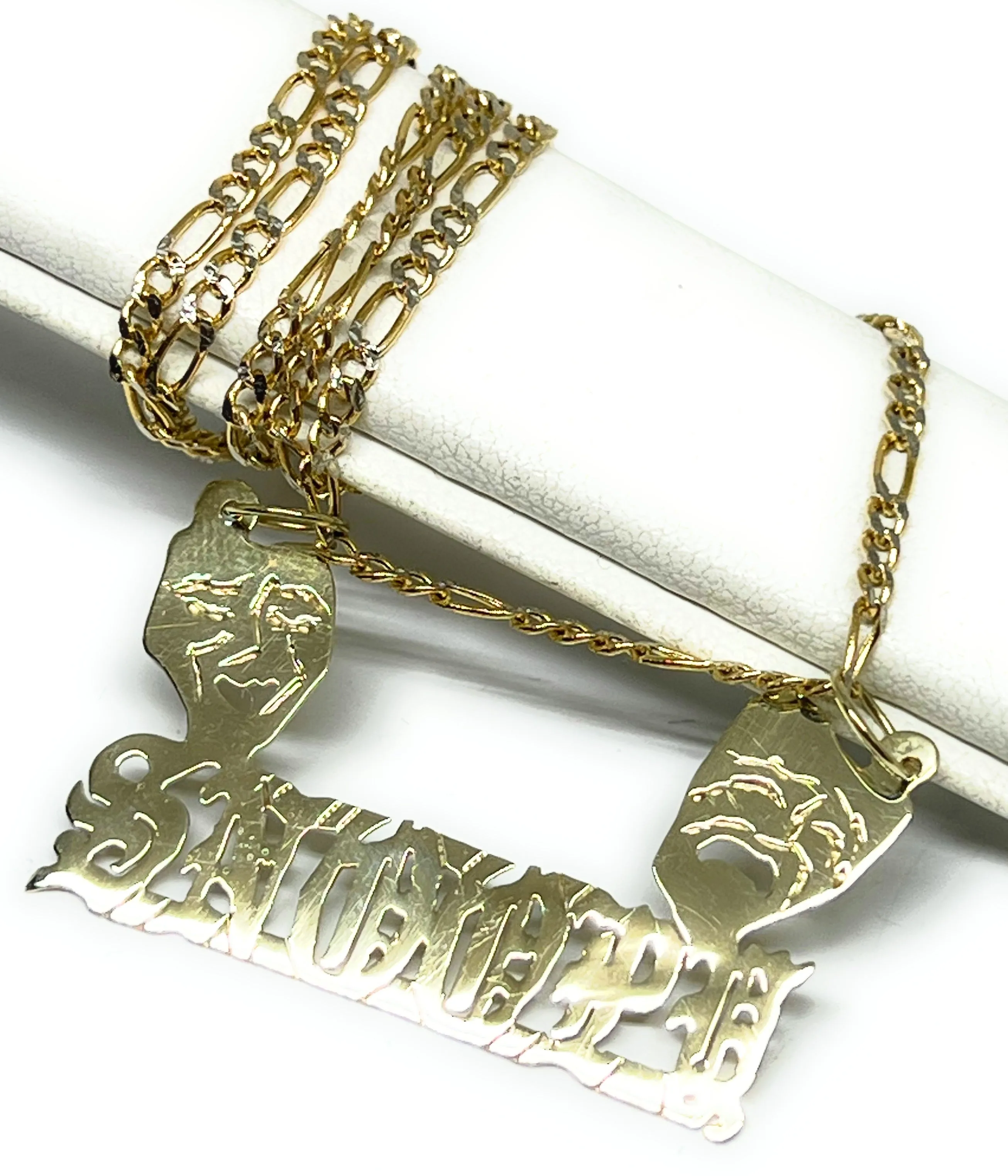 10k Solid Gold Custom SMILE NOW, CRY LATER DRAMA FACE OLD ENGLISH Nameplate Pendant Necklace