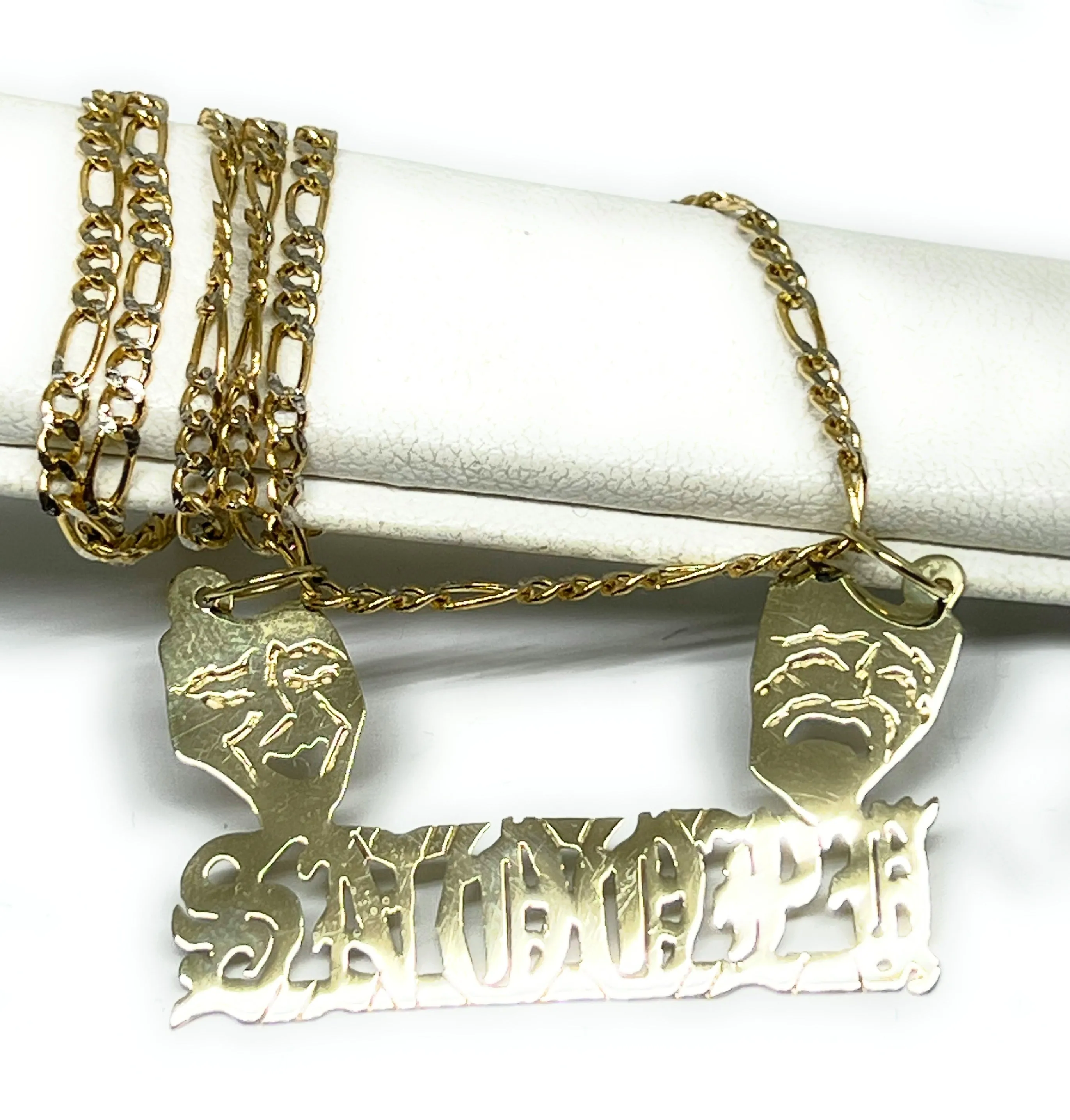 10k Solid Gold Custom SMILE NOW, CRY LATER DRAMA FACE OLD ENGLISH Nameplate Pendant Necklace