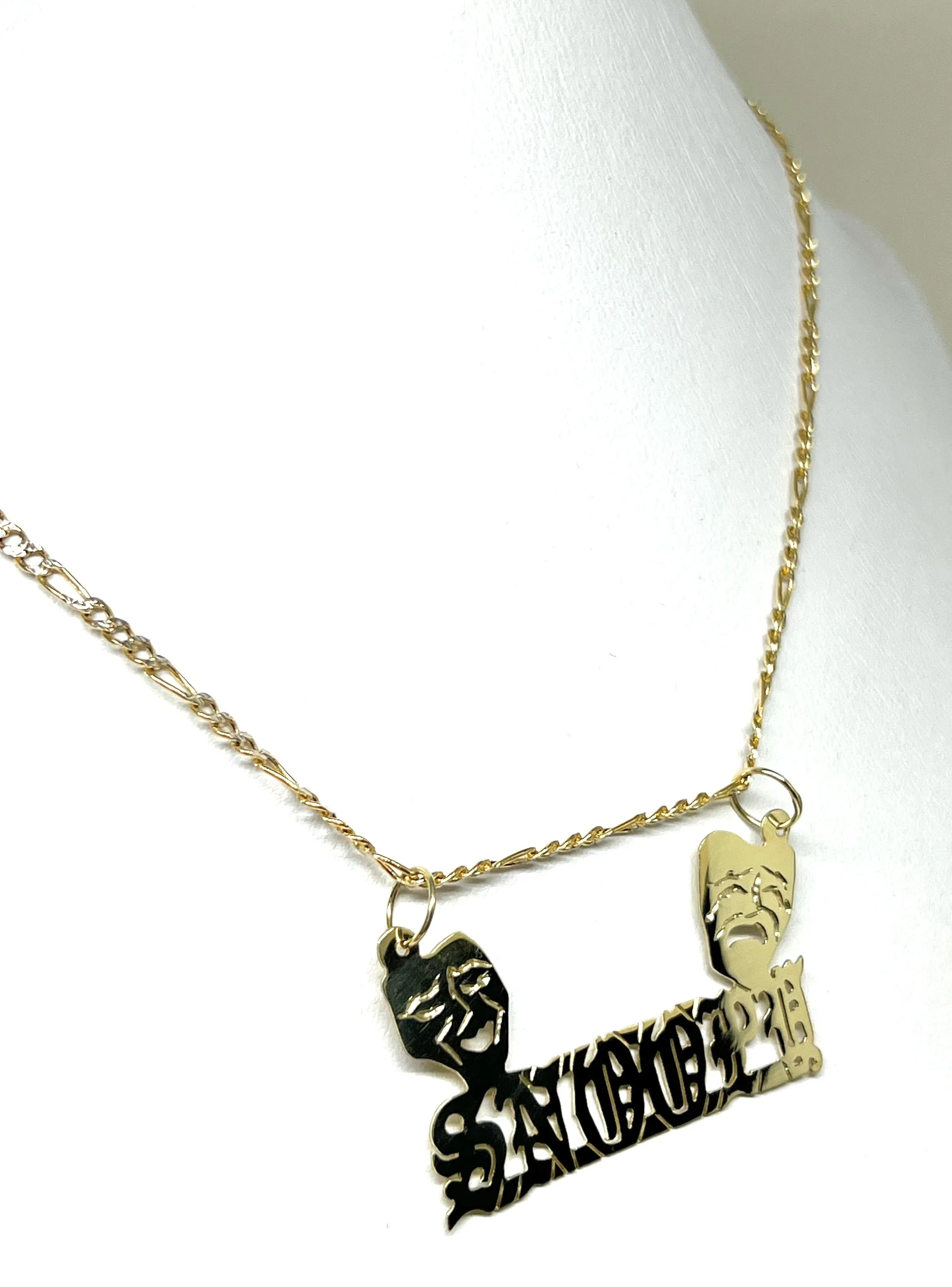 10k Solid Gold Custom SMILE NOW, CRY LATER DRAMA FACE OLD ENGLISH Nameplate Pendant Necklace