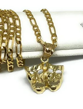 14k Solid Gold Classic Drama Faces (SMILE NOW CRY LATER) Pendant Necklace with Figaro Chain