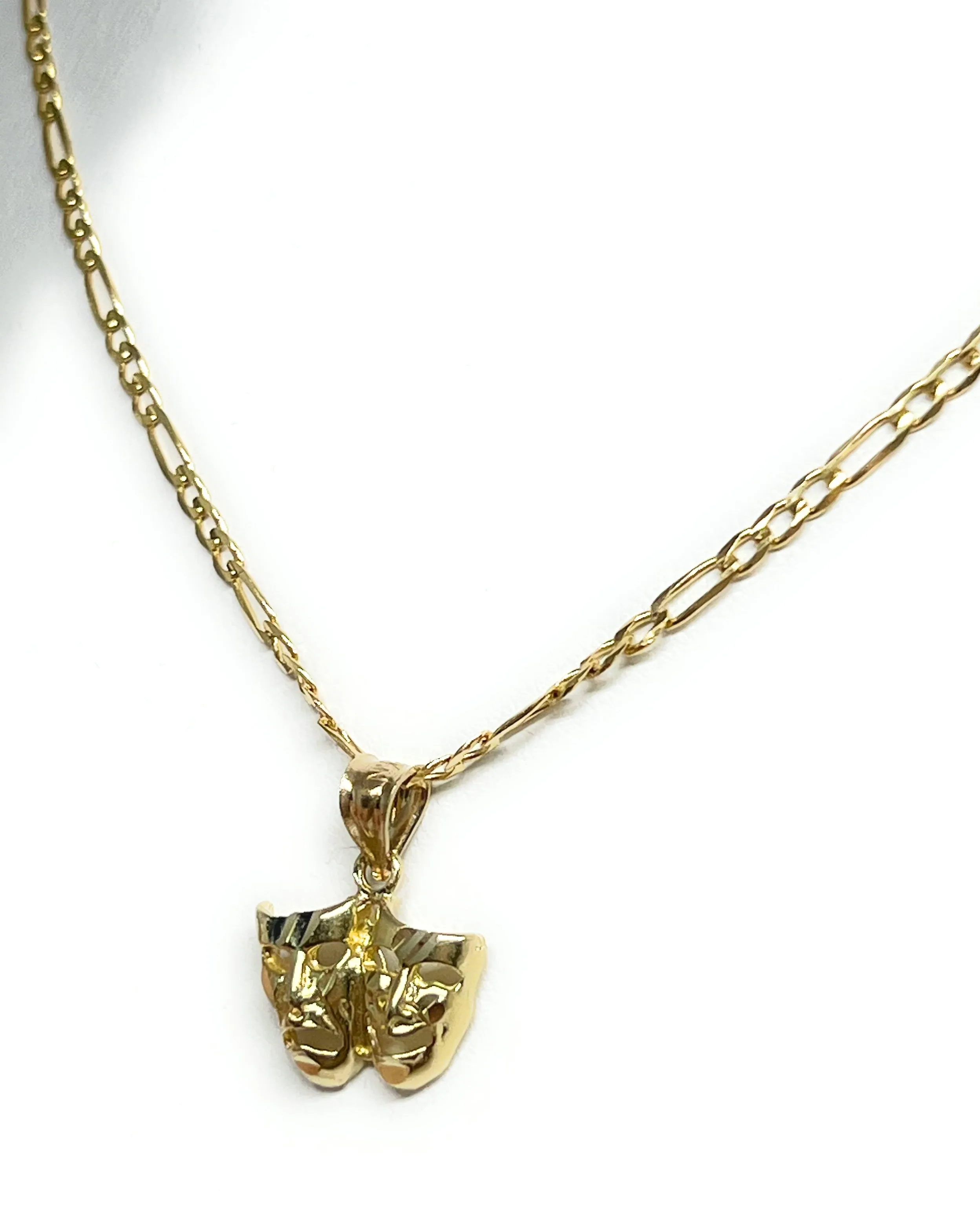 14k Solid Gold Classic Drama Faces (SMILE NOW CRY LATER) Pendant Necklace with Figaro Chain