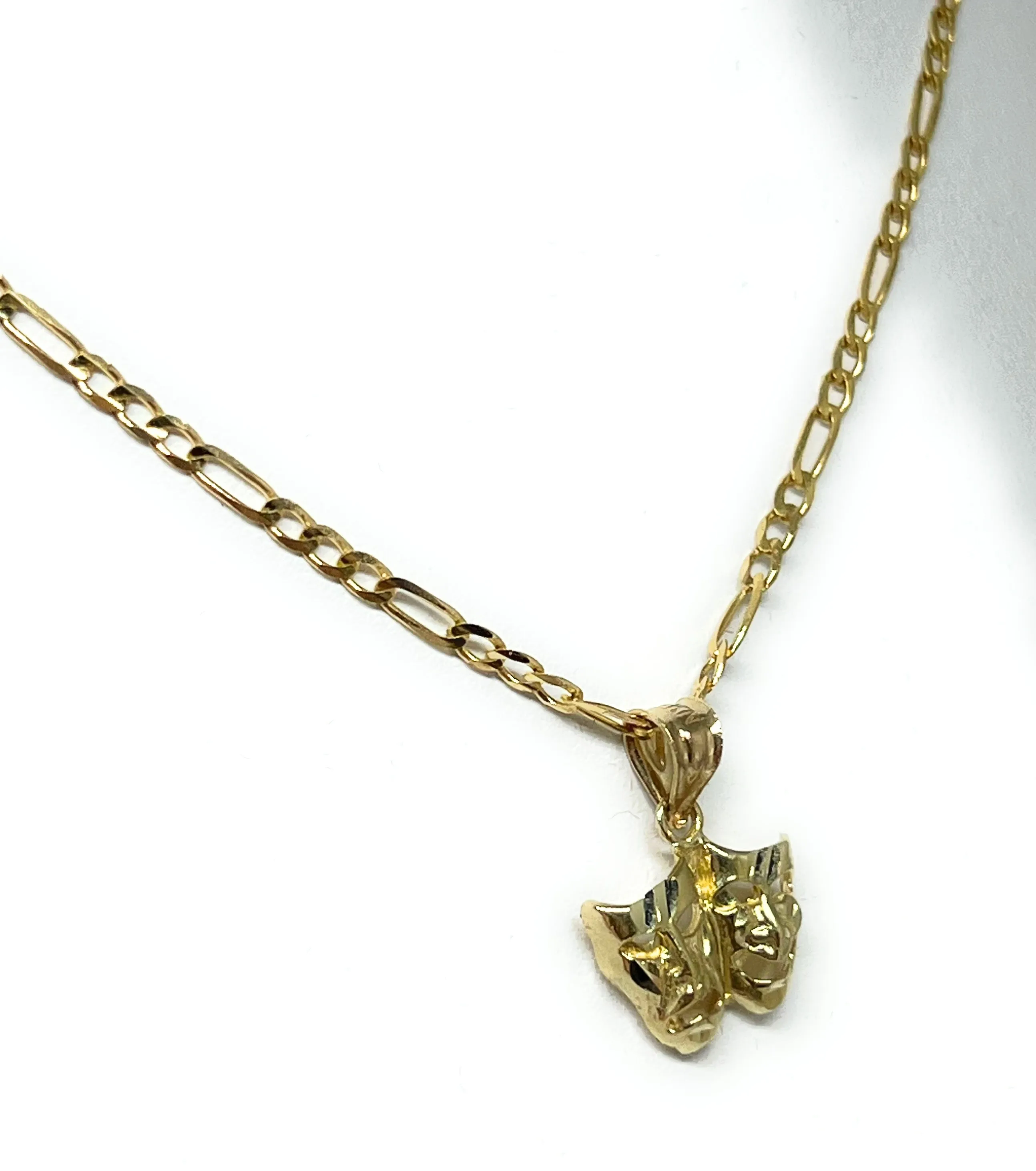 14k Solid Gold Classic Drama Faces (SMILE NOW CRY LATER) Pendant Necklace with Figaro Chain