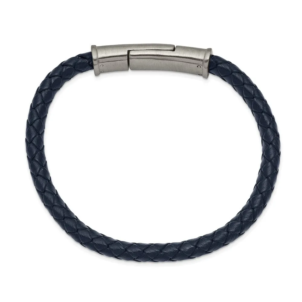 6.5mm Stainless Steel & Navy Blue Braided Leather Bracelet, 8.25 Inch