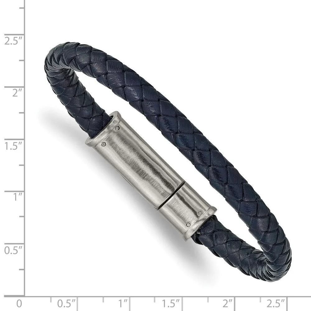 6.5mm Stainless Steel & Navy Blue Braided Leather Bracelet, 8.25 Inch