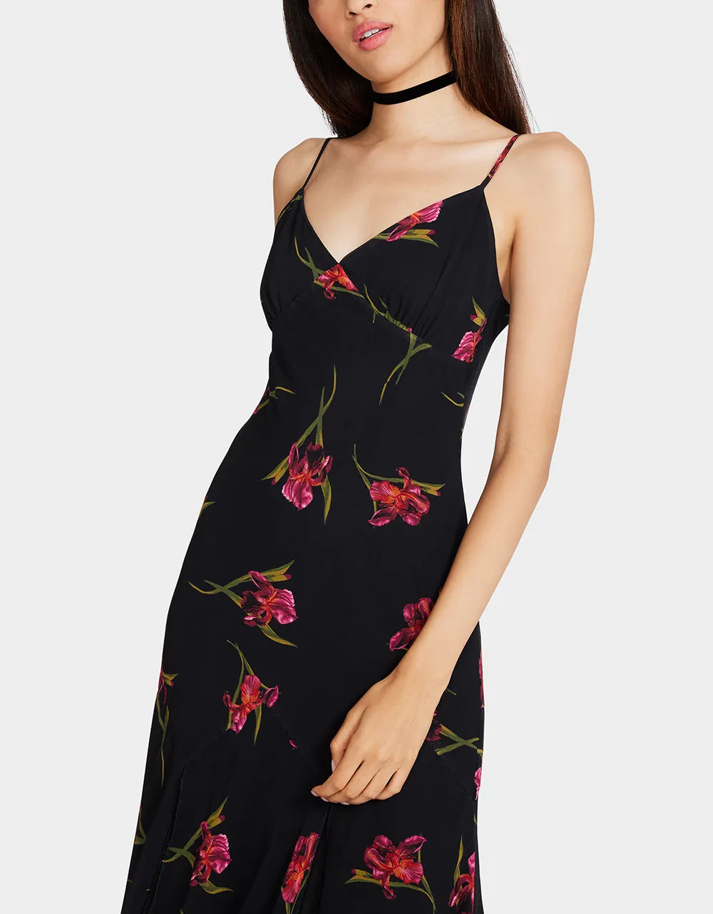 ADDISON MIDI DRESS ORCHID PRINT BLACK