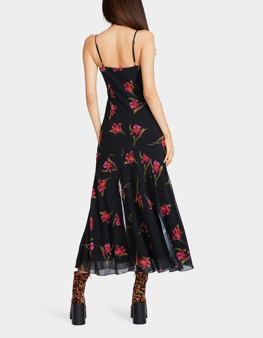 ADDISON MIDI DRESS ORCHID PRINT BLACK