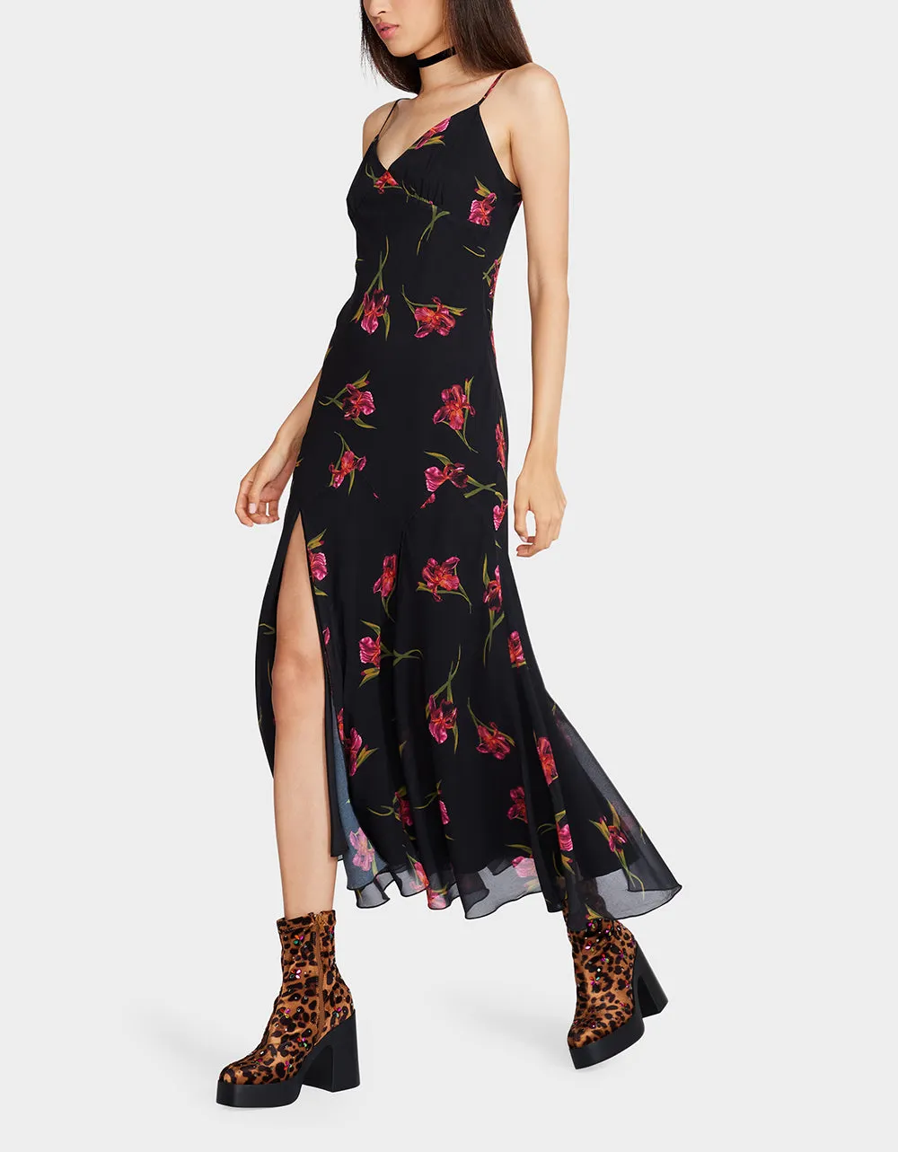 ADDISON MIDI DRESS ORCHID PRINT BLACK