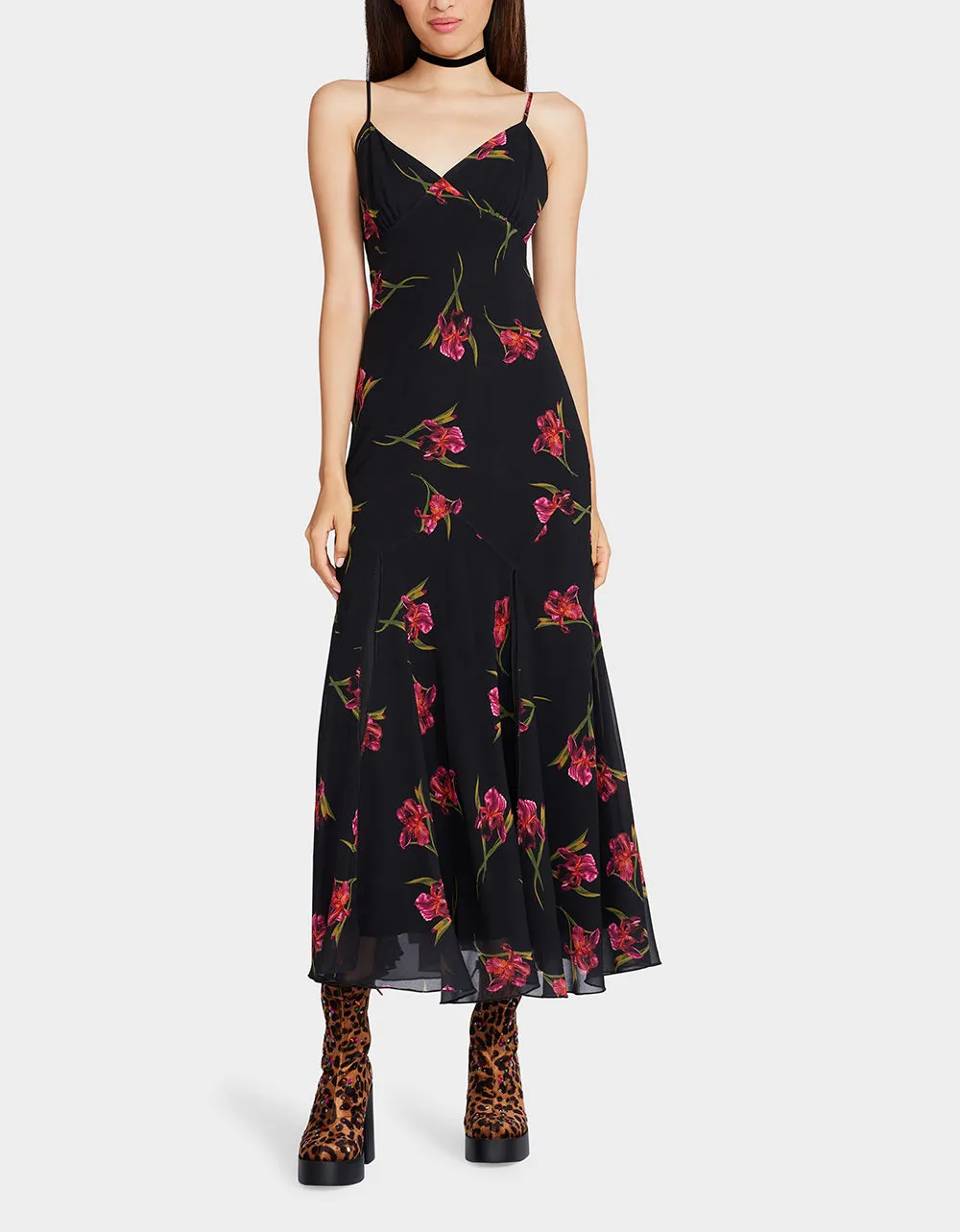 ADDISON MIDI DRESS ORCHID PRINT BLACK