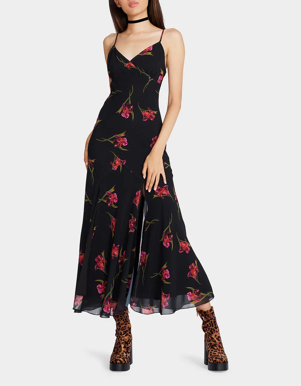 ADDISON MIDI DRESS ORCHID PRINT BLACK