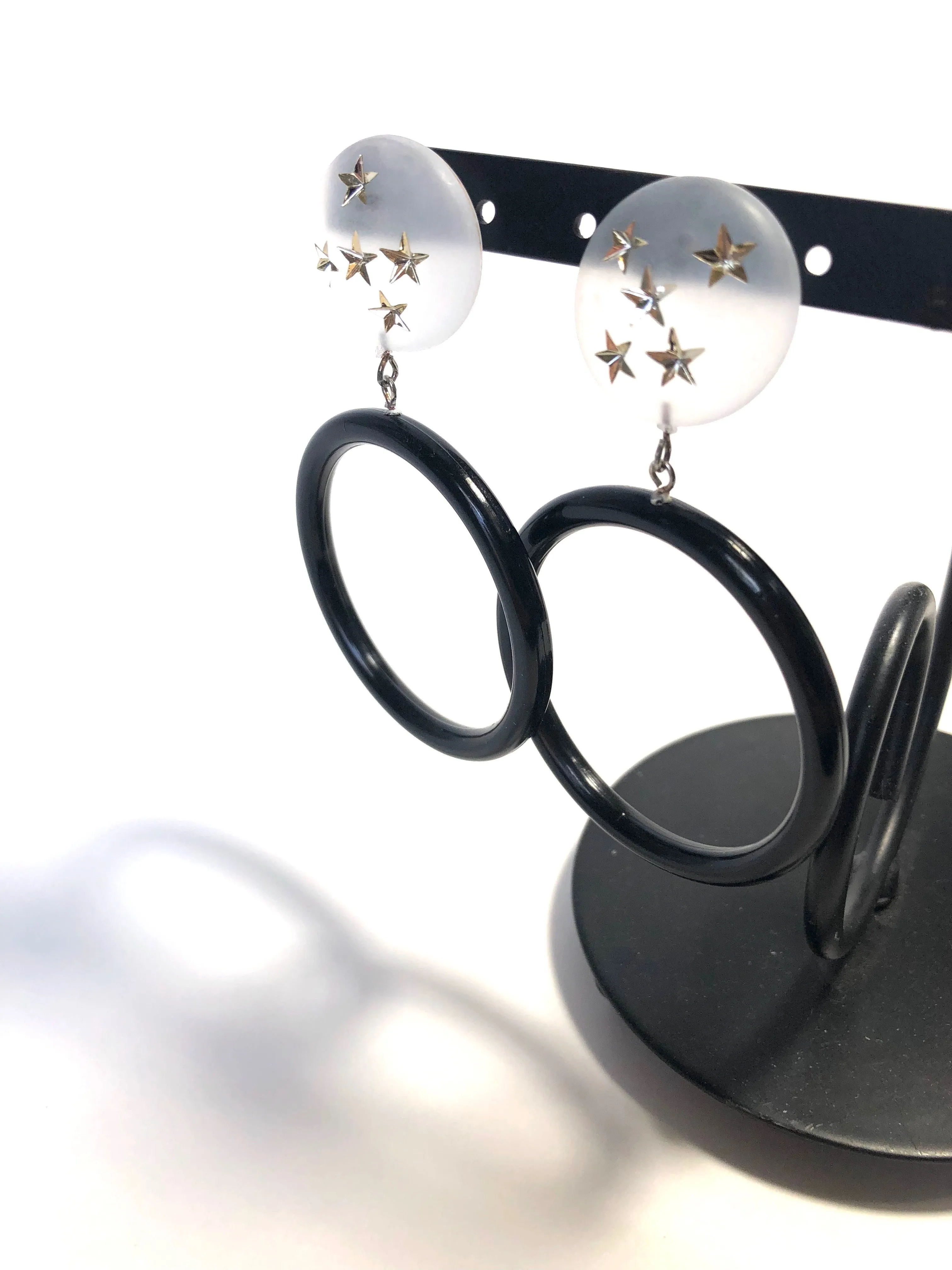 Black & Clear Frosted Star & Go Go Mod Hoop Geo Drop Earrings