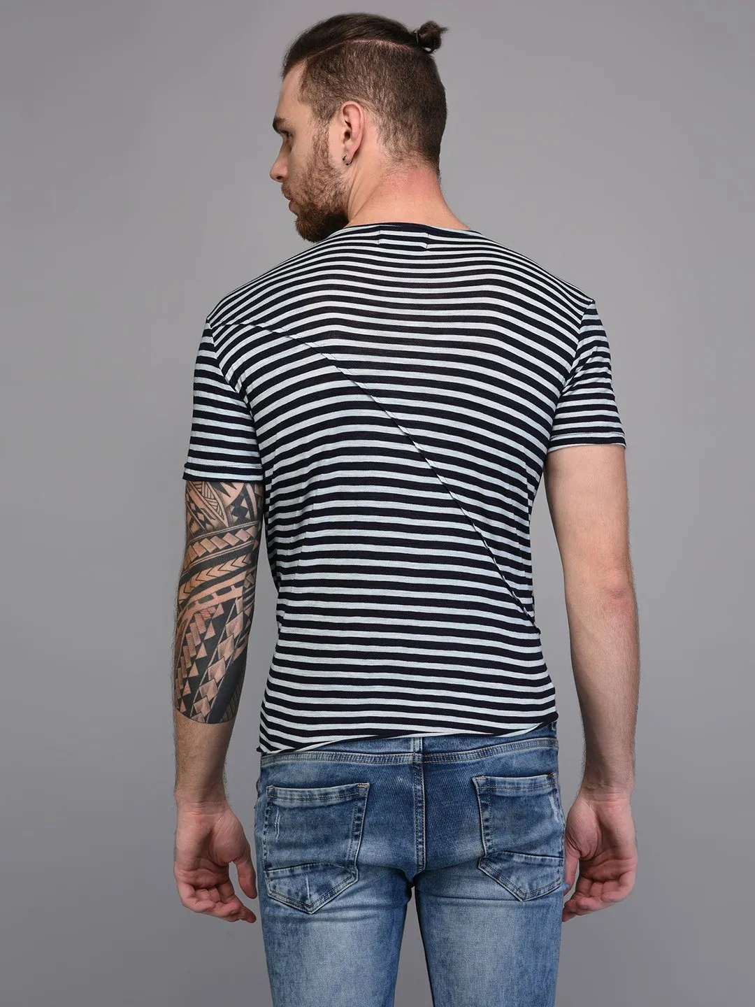 Black & White Striped T-shirt with Piping Detail