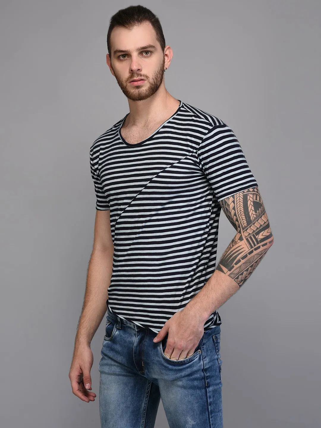 Black & White Striped T-shirt with Piping Detail