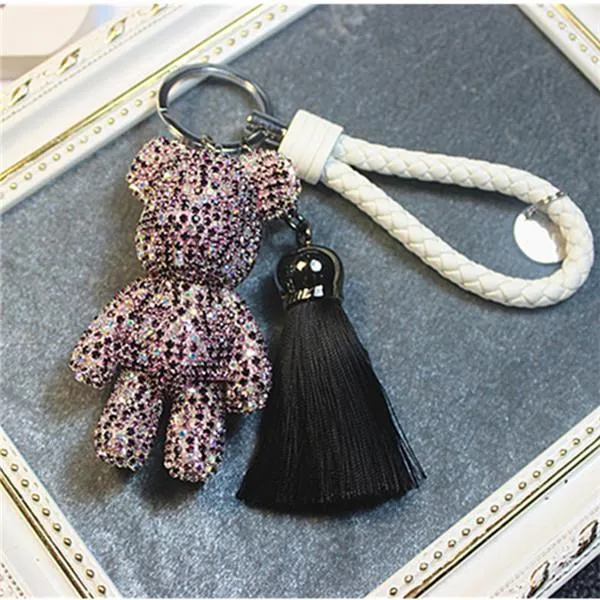 Cartoon Gloomy Bear Keychain Car Tassel with Rhinestone for Bags