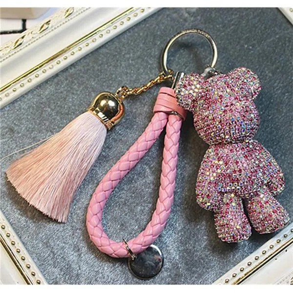 Cartoon Gloomy Bear Keychain Car Tassel with Rhinestone for Bags