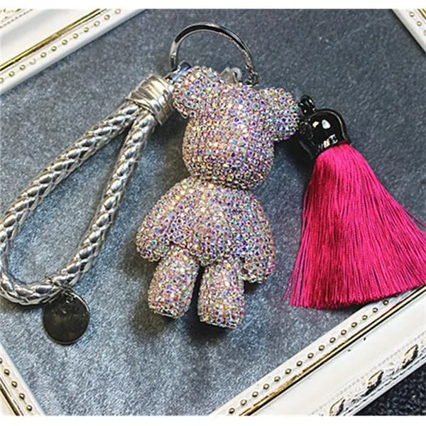 Cartoon Gloomy Bear Keychain Car Tassel with Rhinestone for Bags