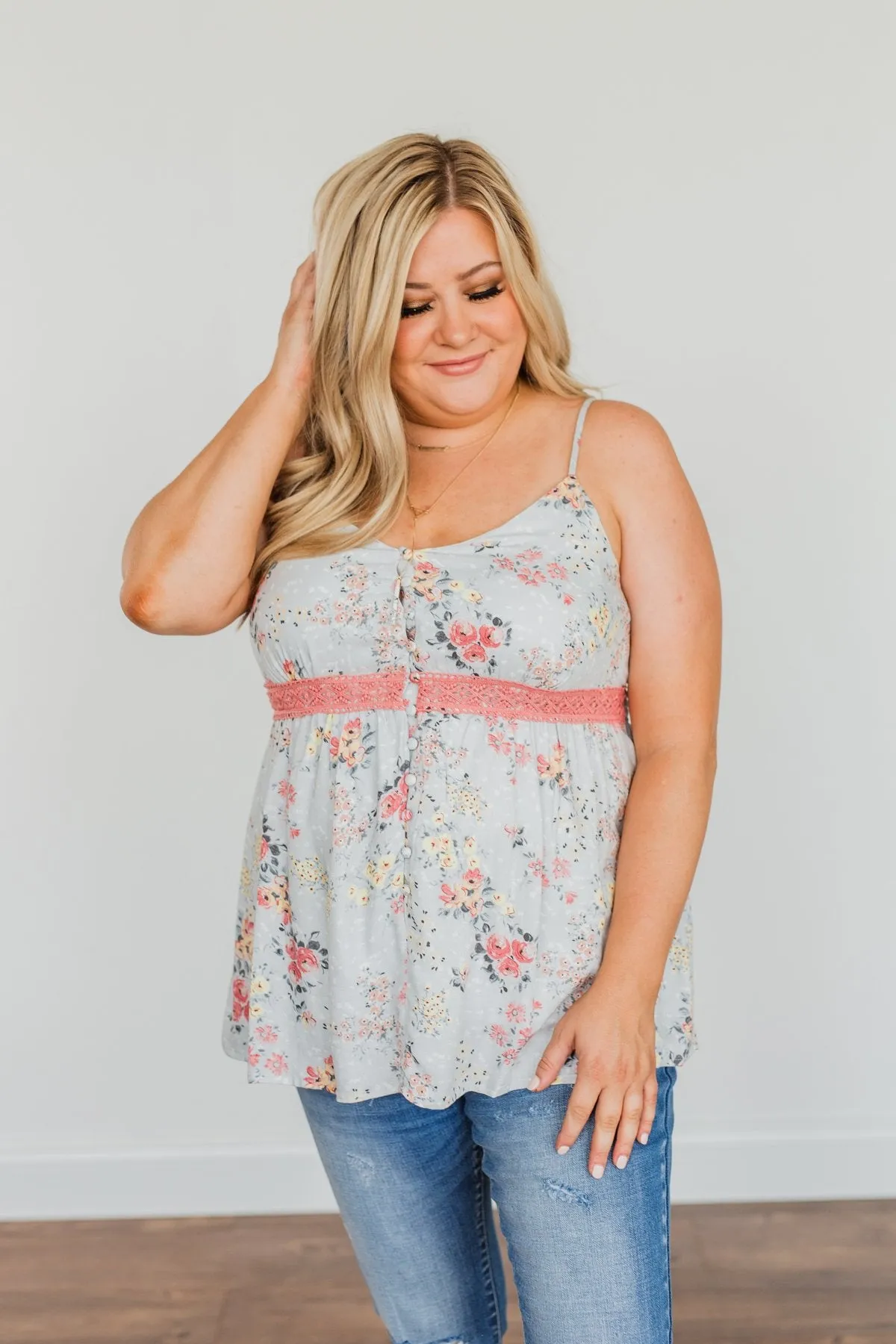 Chose Happiness Floral Tank Top- Light Grey & Pink