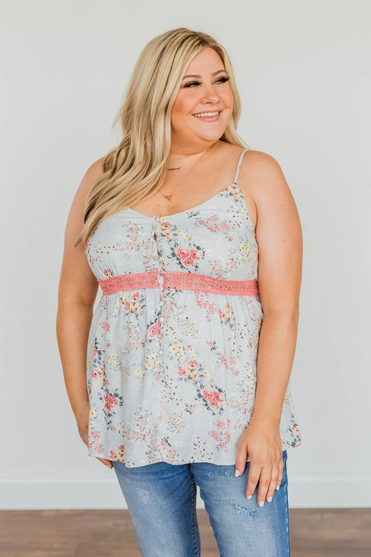 Chose Happiness Floral Tank Top- Light Grey & Pink