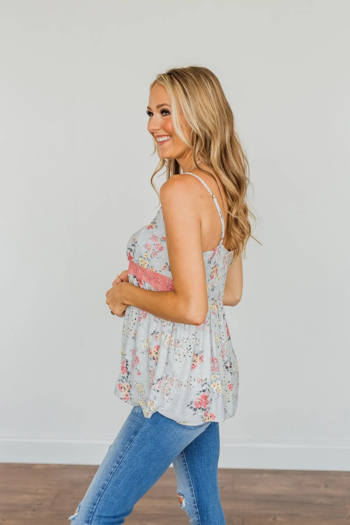 Chose Happiness Floral Tank Top- Light Grey & Pink