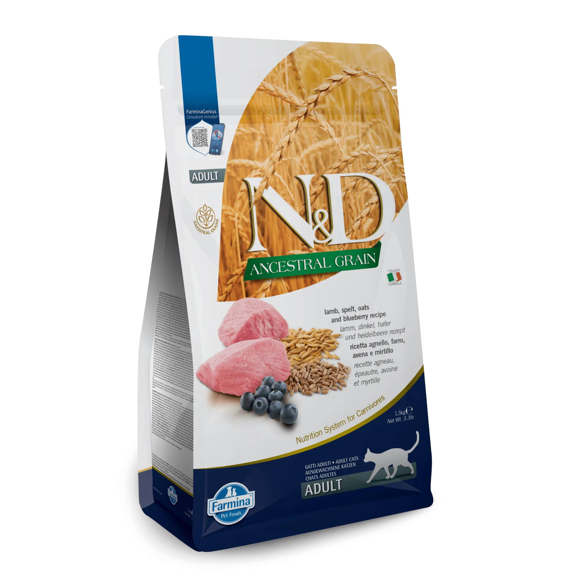 Farmina N&D Ancestral Grain Lamb & Blueberry Adult Dry Cat Food