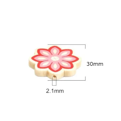 Flower Wood Beads, Printed, Light Pink, Red, 30mm