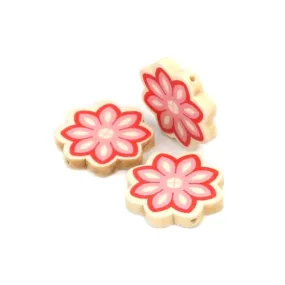 Flower Wood Beads, Printed, Light Pink, Red, 30mm