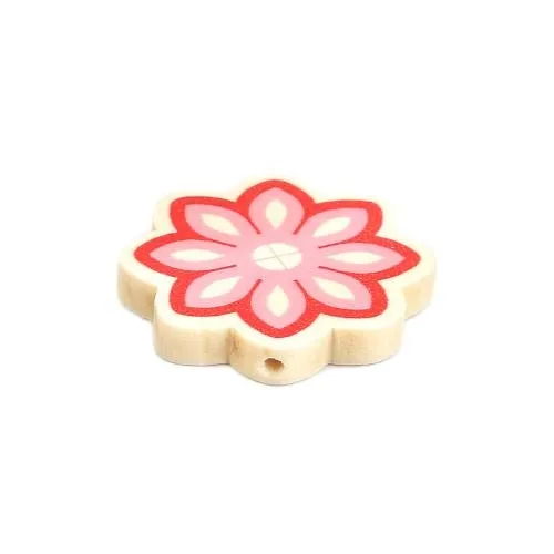 Flower Wood Beads, Printed, Light Pink, Red, 30mm