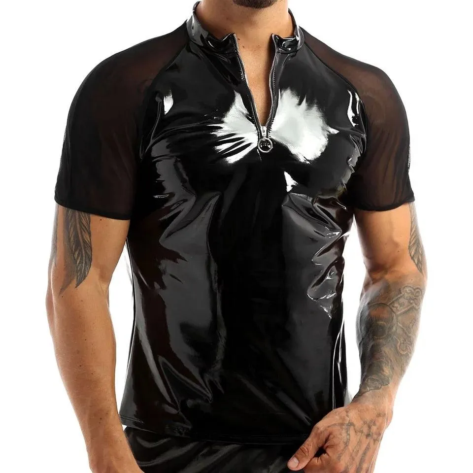 Glossy PVC Leather Short-sleevedShirt Shaping Sheath Bodycon Patent Leather Top