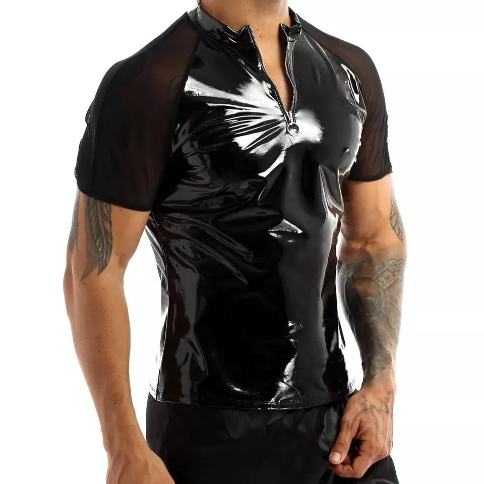 Glossy PVC Leather Short-sleevedShirt Shaping Sheath Bodycon Patent Leather Top