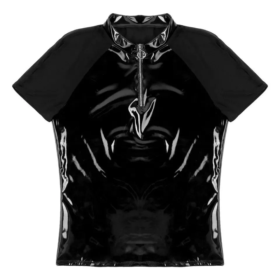 Glossy PVC Leather Short-sleevedShirt Shaping Sheath Bodycon Patent Leather Top