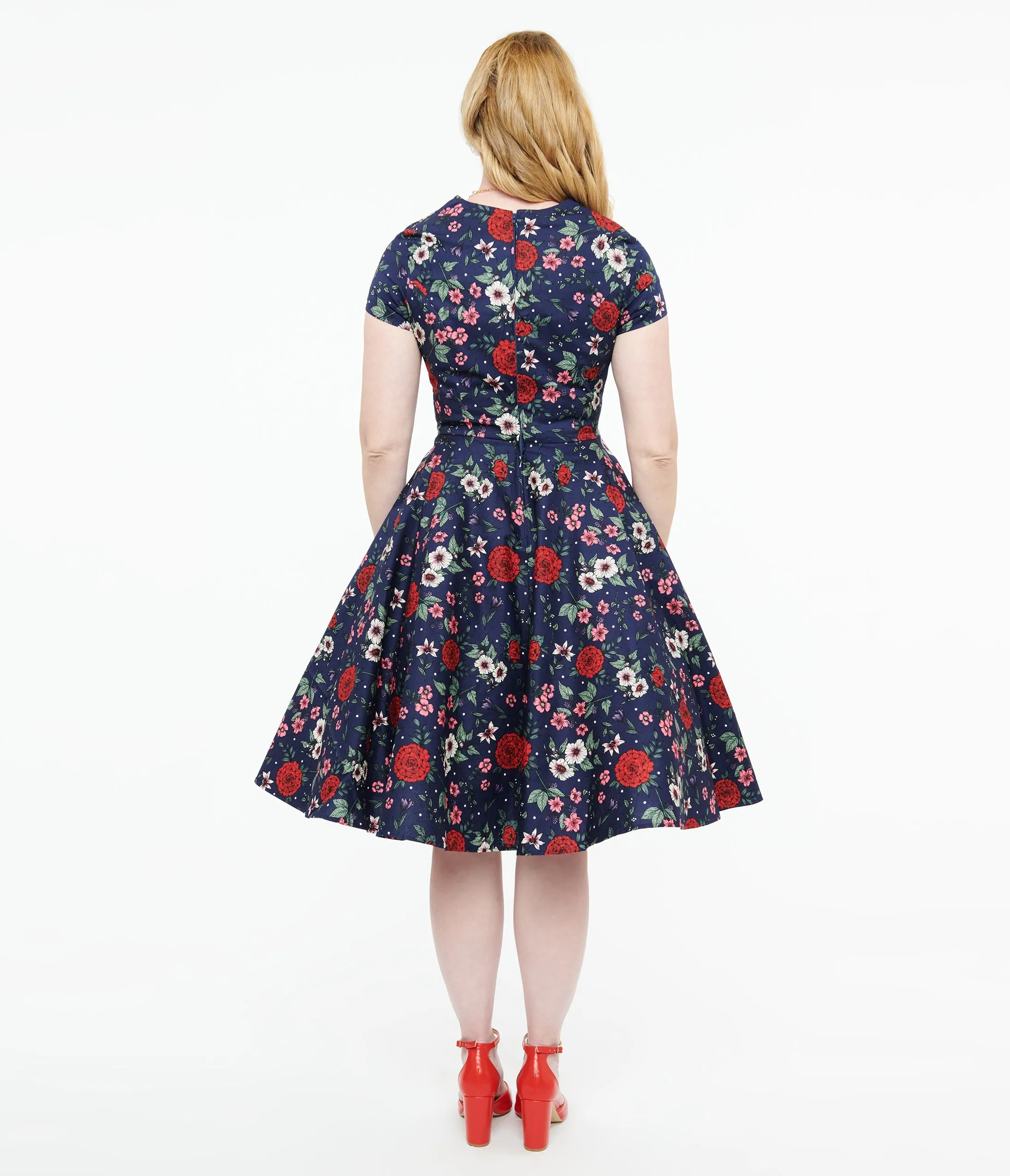 Hell Bunny 1950s Navy Blue & Red Floral Camellia Midi Dress