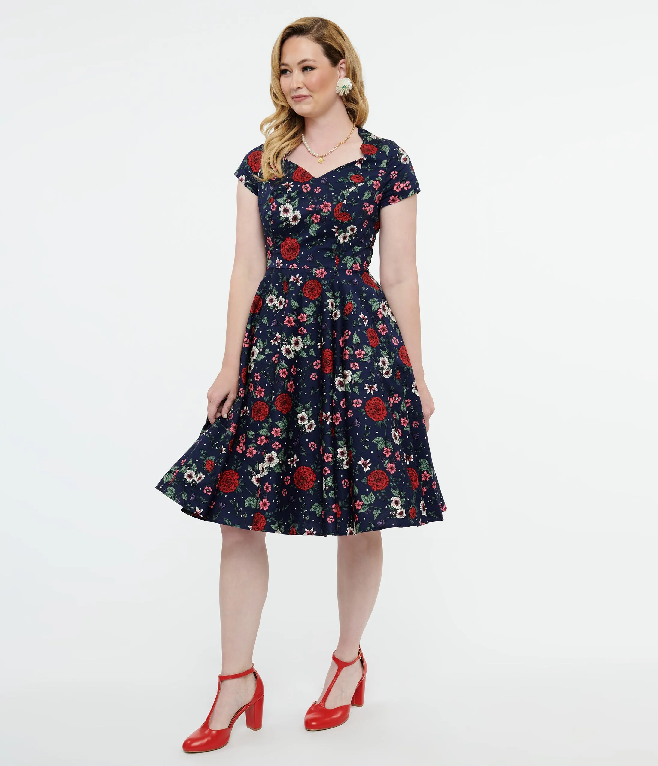 Hell Bunny 1950s Navy Blue & Red Floral Camellia Midi Dress