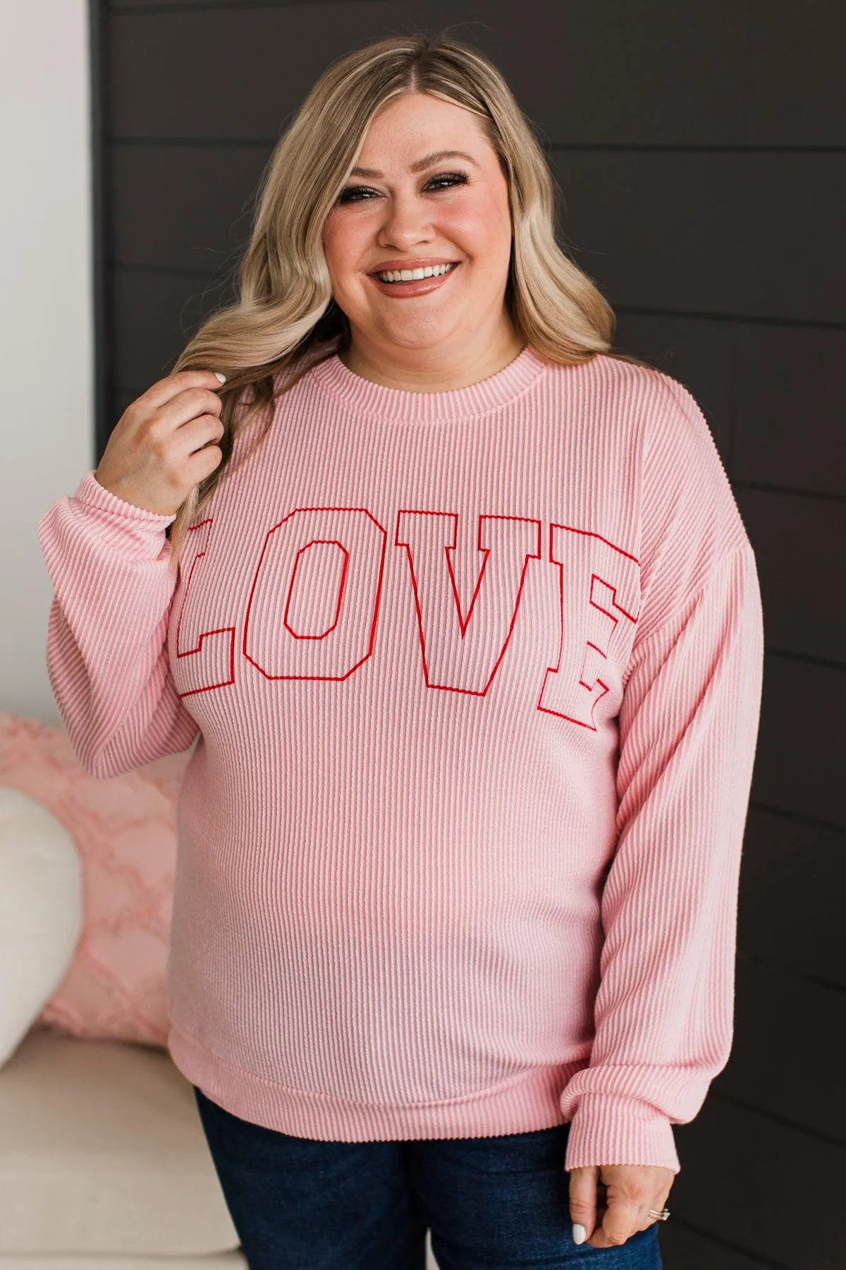 Love Graphic Ribbed Knit Top- Light Pink