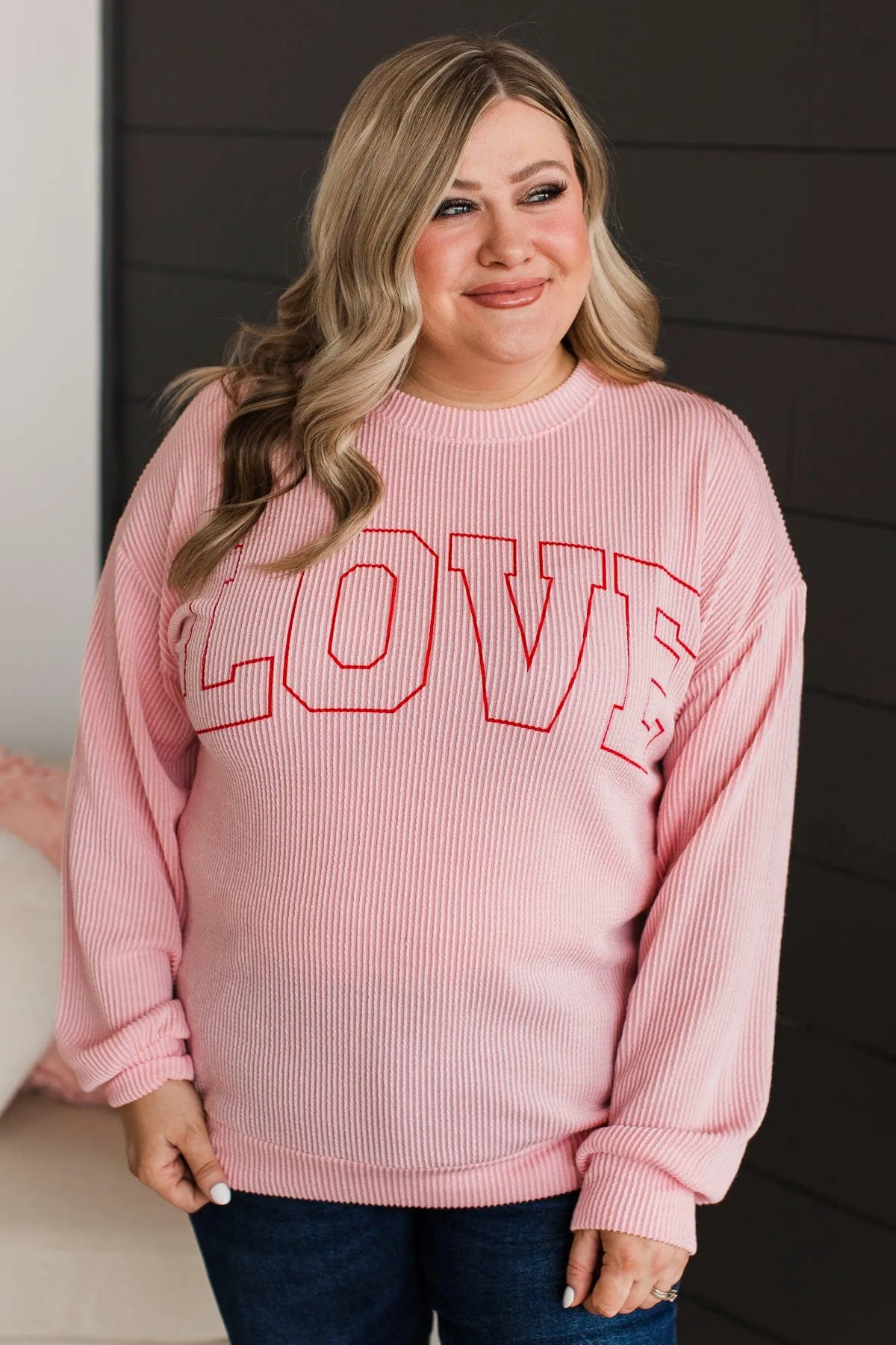 Love Graphic Ribbed Knit Top- Light Pink