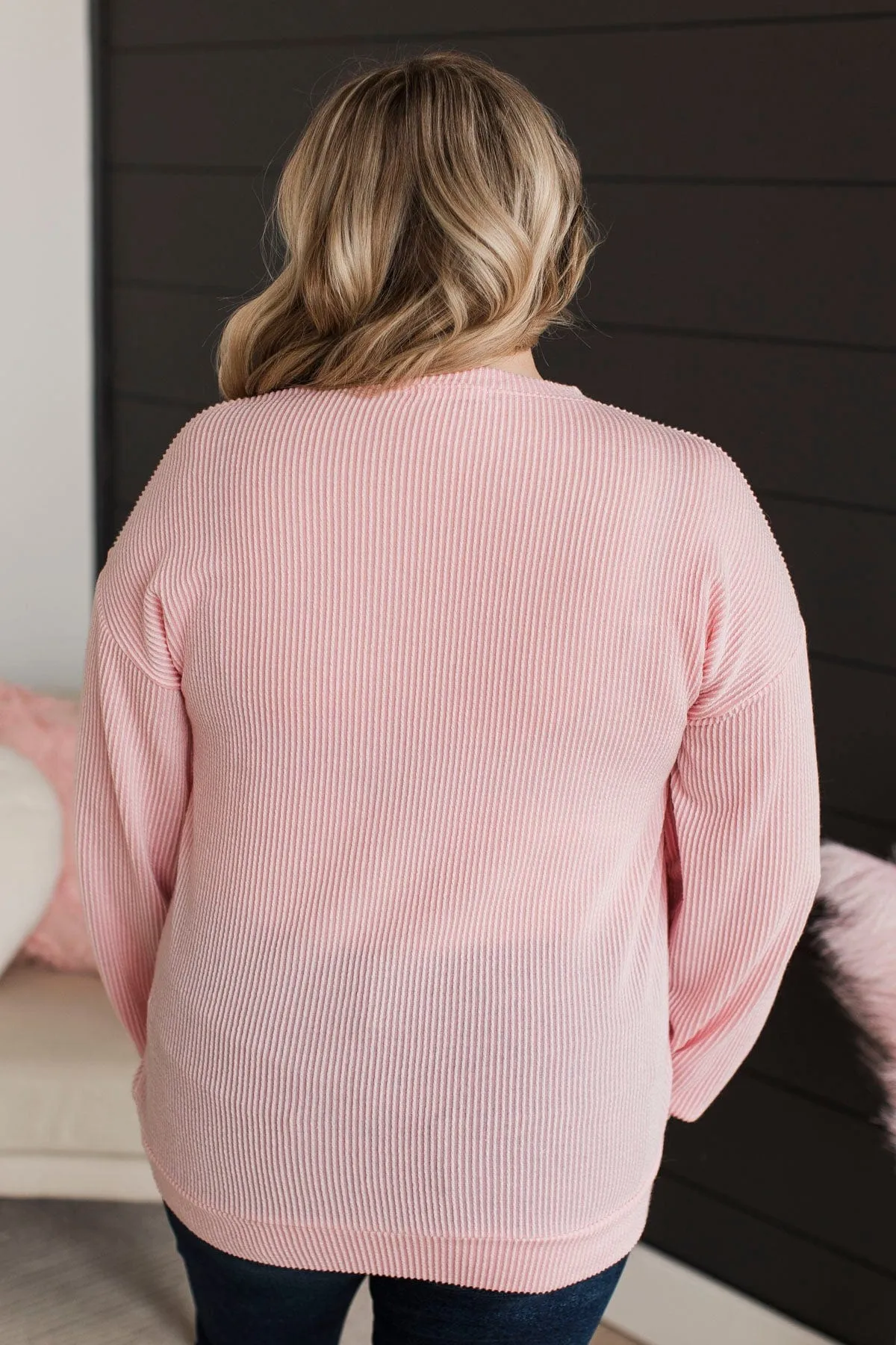 Love Graphic Ribbed Knit Top- Light Pink