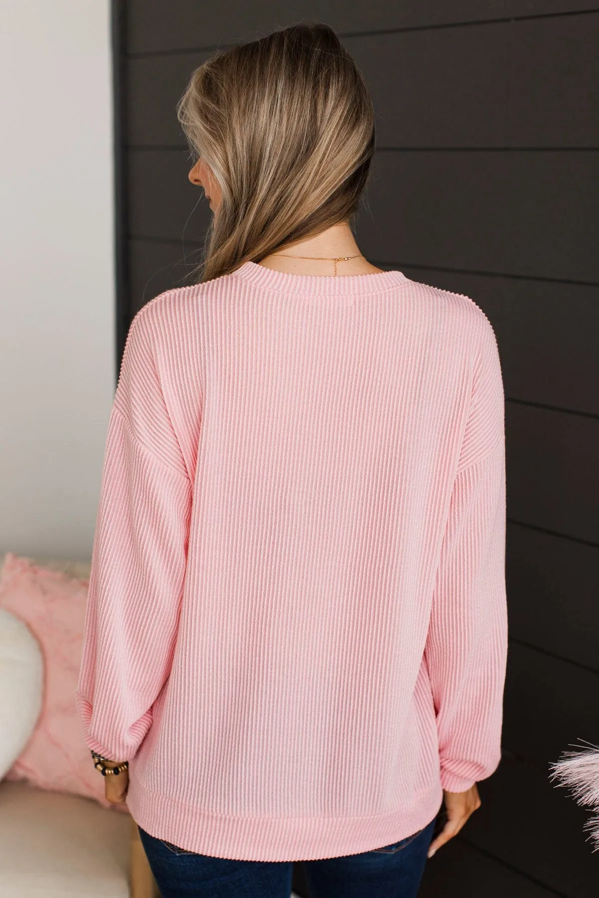 Love Graphic Ribbed Knit Top- Light Pink