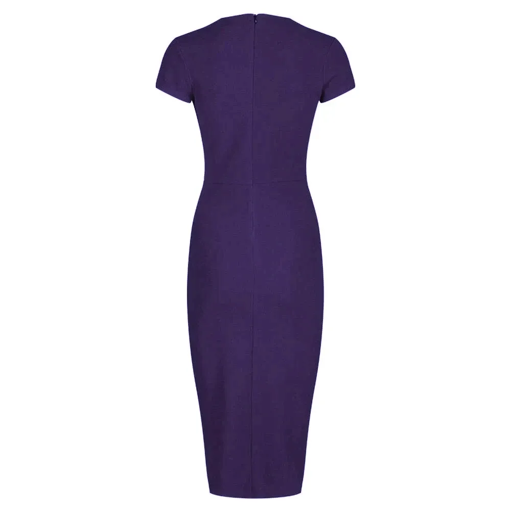 Navy Blue Deep V Cap Sleeve Bodycon Ruched Waist Wiggle Dress