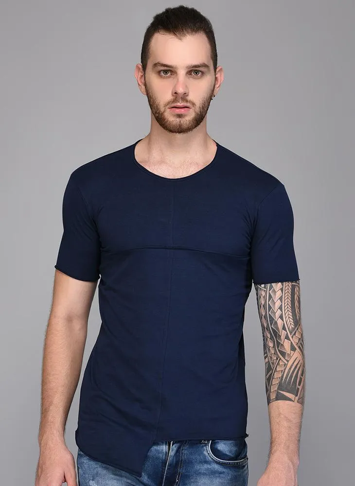 Navy Blue Paneled T-shirt with Asymmetrical Hemline