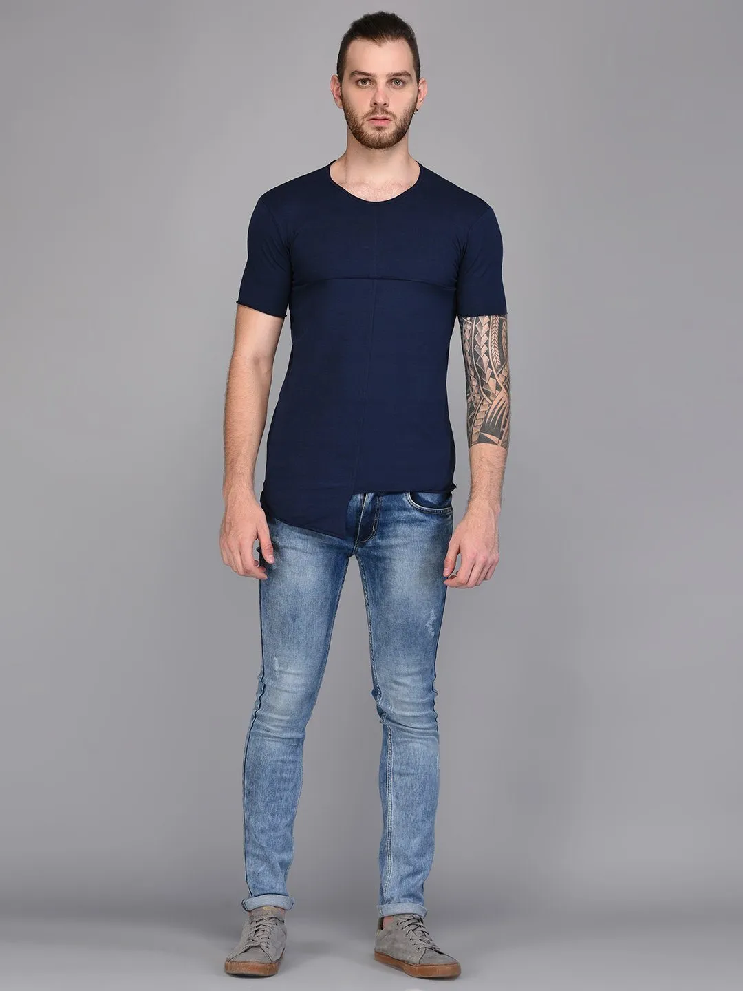 Navy Blue Paneled T-shirt with Asymmetrical Hemline