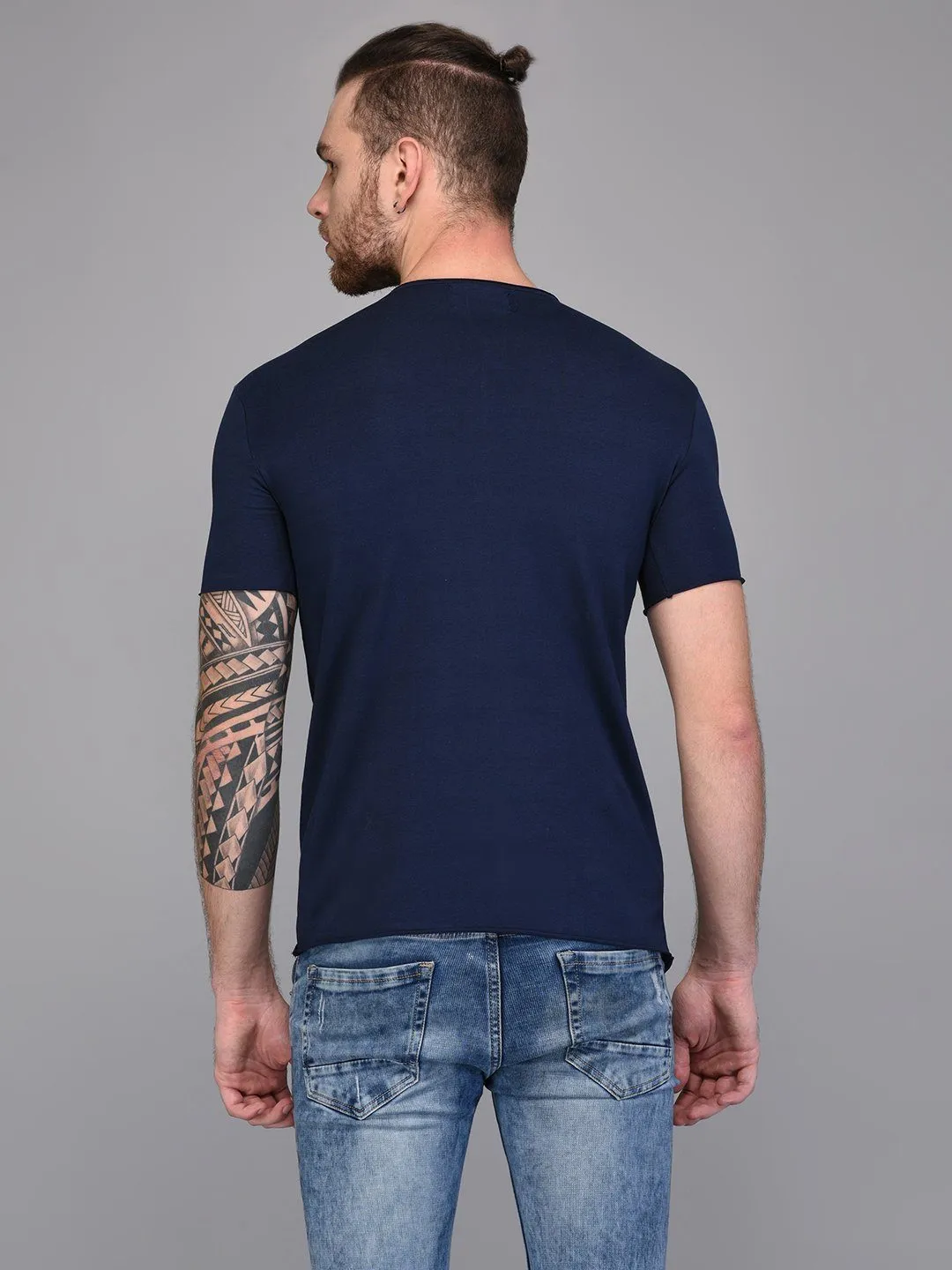 Navy Blue Paneled T-shirt with Asymmetrical Hemline