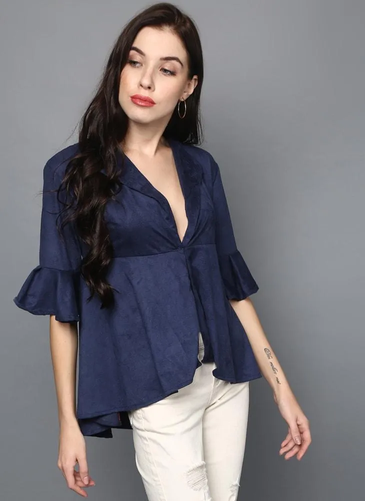 Navy-Blue Suede Fit & Flare Open-front Top