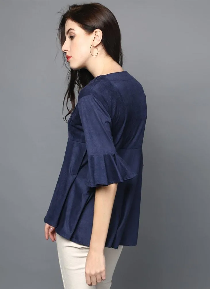 Navy-Blue Suede Fit & Flare Open-front Top