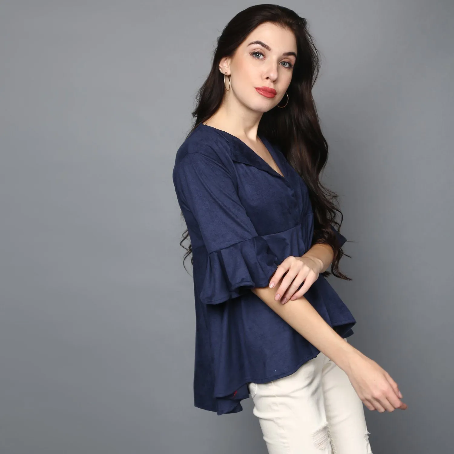 Navy-Blue Suede Fit & Flare Open-front Top