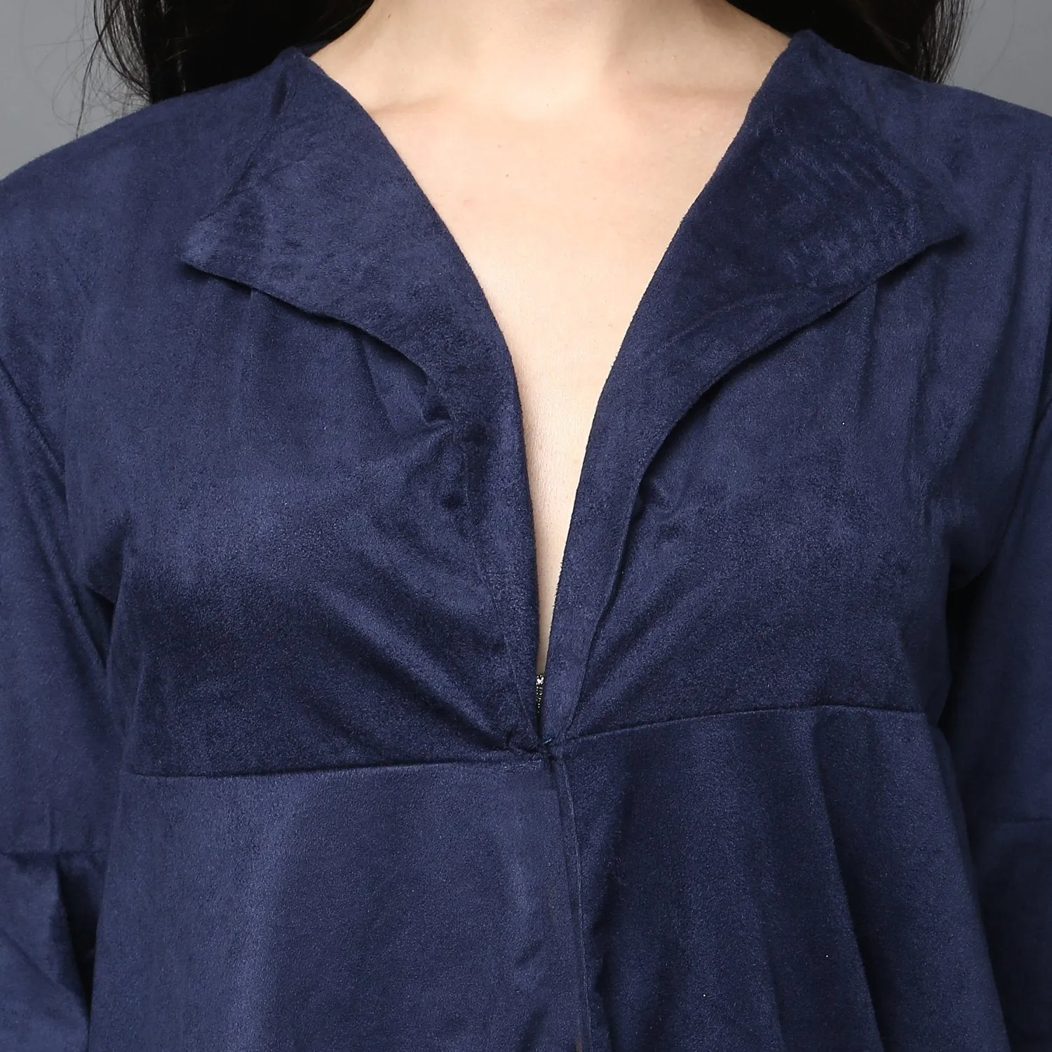 Navy-Blue Suede Fit & Flare Open-front Top